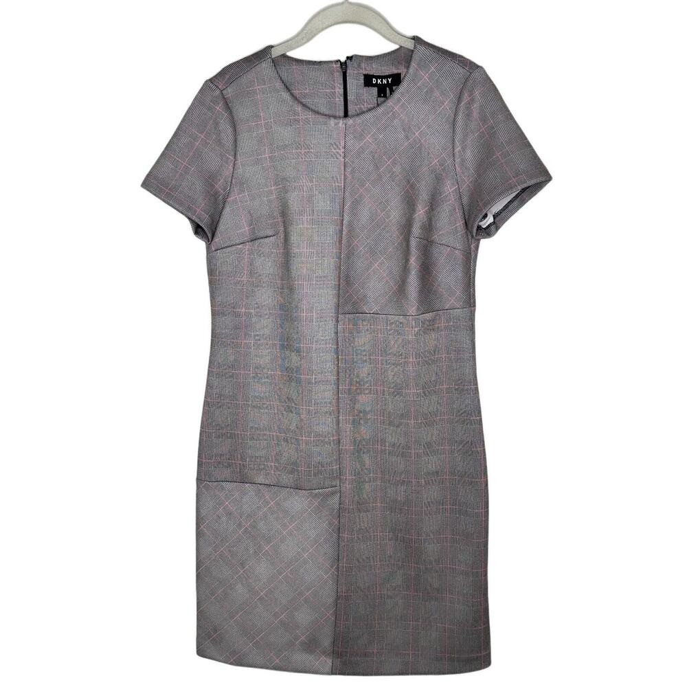 DKNY Women’s Garden Plaid Black Pink Gray Short Sleeve Sheath Dress Size 8 NEW